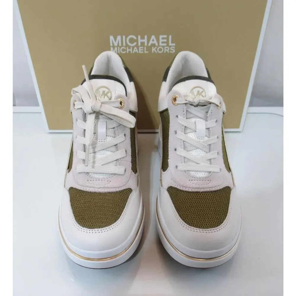 Michael Kors Emmy Wedge Trainer Lace Up Sneakers Leather Husk Multi - Picture 3 of 9